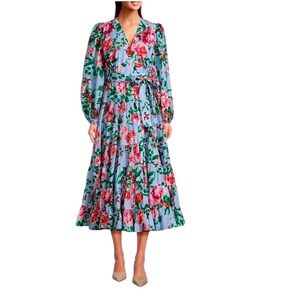 Gibson + Latimer NWT SZ‎ XL Floral Midi Dress Blue Pink Wrap Tiered Puff Sleeve